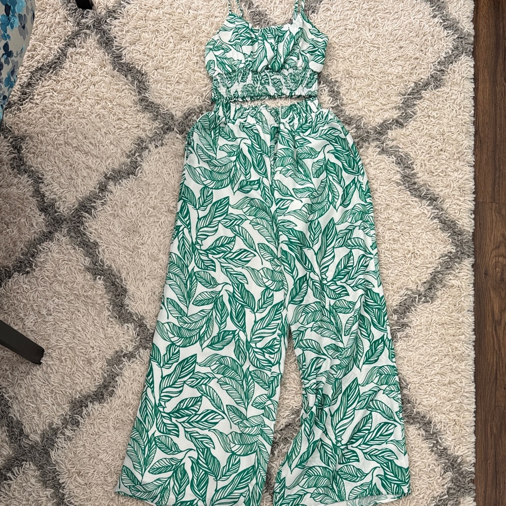 Pink Lily Tropical Leaf Jumpsuit - Size Small